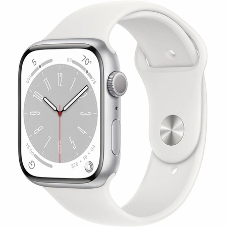 Фото-1 Умные часы Apple Watch Series 8 45 мм, GPS, алюминий серебристый, спортивный ремешок белого цвета 